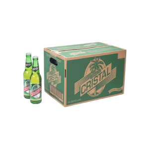 Botella verde de cerveza con etiqueta y chapa marca Cristal, caja de cartón carmelita y verde