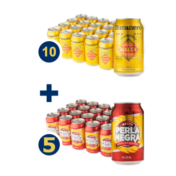 Combo Energía Natural, 10 Cajas Malta Bucanero Lata + 5 Cajas Malta Perla Negra Lata
